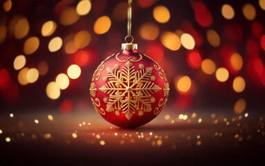 Fototapeta premium A single red Christmas ornament with gold snowflake design hangs against a blurred background of warm, golden lights.