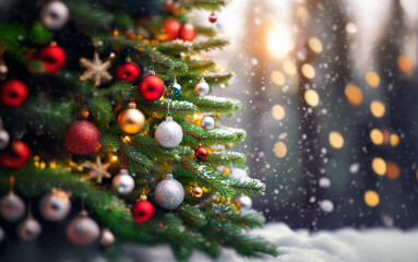 A close-up of a decorated Christmas tree with ornaments and lights against a snowy background.