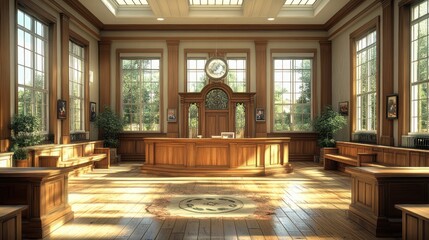 Fototapeta premium Elegant courtroom interior with wooden furnishings and large windows.