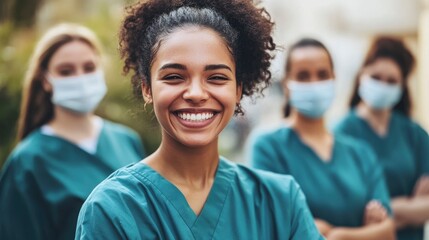 Happy Female Doctor Wearing Face Mask and Scrubs