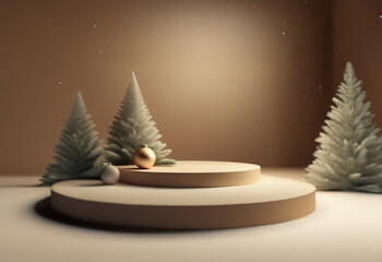 A minimalist Christmas scene featuring a two-tiered podium surrounded by frosted pine trees, a gold ornament, and white snow.