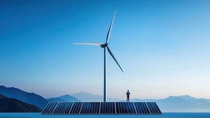 A person stands on solar panels beside a wind turbine, showcasing renewable energy technology against a serene landscape.
