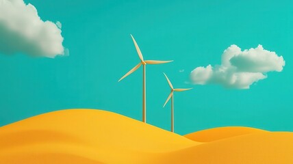 Fototapeta premium A vibrant landscape featuring yellow dunes, wind turbines, and a bright blue sky with fluffy clouds, highlighting renewable energy and nature.