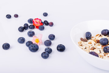 Close-up of a bowl of oats with blueberries on a white background, with scattered berries around, creating a fresh and healthy breakfast look