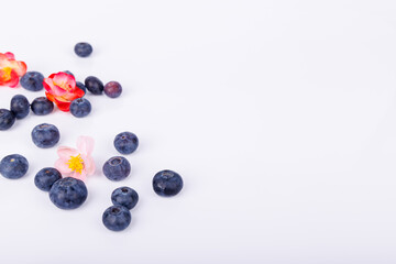 Scattered blueberries with red and pink flowers on a white background, creating a vibrant and delicate arrangement perfect for nature and food photography