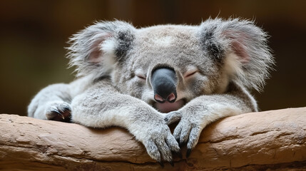 Fototapeta premium Close-up of a sleeping koala resting on a tree branch with its eyes closed and ears showing fluffy fur.