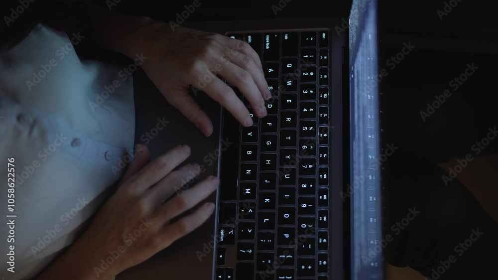Poster a closeup shot of hands typing rapidly on a laptop keyboard in a dimly lit room creates an intense a