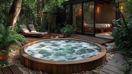 Serene outdoor hot tub surrounded by greenery and a cozy room.