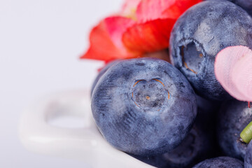 Detailed close-up of a bowl of blueberries with pink and red flowers, set on a white background, displaying vibrant and refreshing colors