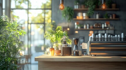 Modern Café with Stylish Interior Design, Cozy Atmosphere, and Contemporary Coffee Bar Setup