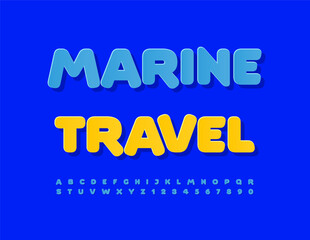 Vector modern flyer Marine Travel. Sticker style Font. Set of Blue Alphabet Letters and Numbers