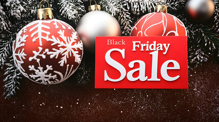 "Black Friday" in white, "Sale" in red, winter holiday background, 3D illustration, room for text