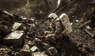 Fototapeta premium Astronaut walks through rubble in a destroyed city.