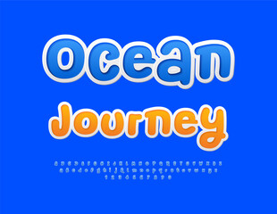 Vector touristic template Ocean Journey. Sticker Blue Alphabet Letters and Numbers set. Bright Funny Font.