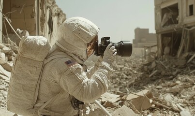 Fototapeta premium Astronaut in rubble takes photo.