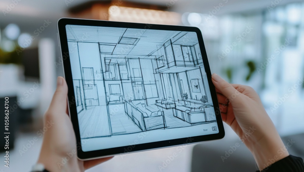 Poster an interior designer working on a concept for building a modern house holds a digital tablet with a 
