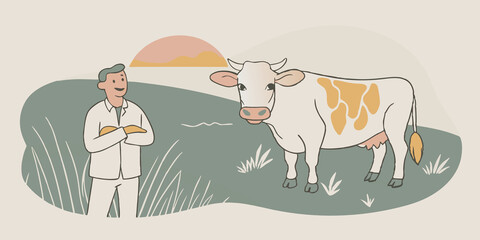 Obraz premium Animal Welfare Comparison An illustration contrasting the life of a happy grazing cow in a green pasture with one side showing a lab scientist smiling while inspecting labgrown