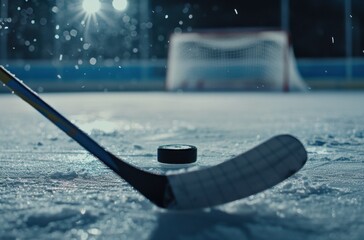 Hockey stick with hockey puck on an ice rink near the goal at night, with light reflection and a blurred background. Winter sport concept.