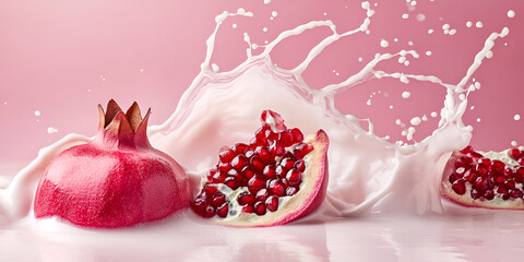 3D Pomegranate Seeds Splashing in Cream on Transparent Background