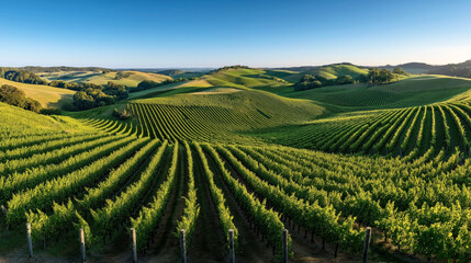 Fototapeta premium Expansive vineyard landscape with rows of grapevines stretching across rolling green hills under a clear blue sky.