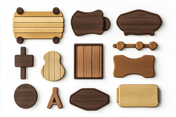 Collection of Wooden Signboards in 3D Cartoon Style for Minimalist Design, Isolated on White Background