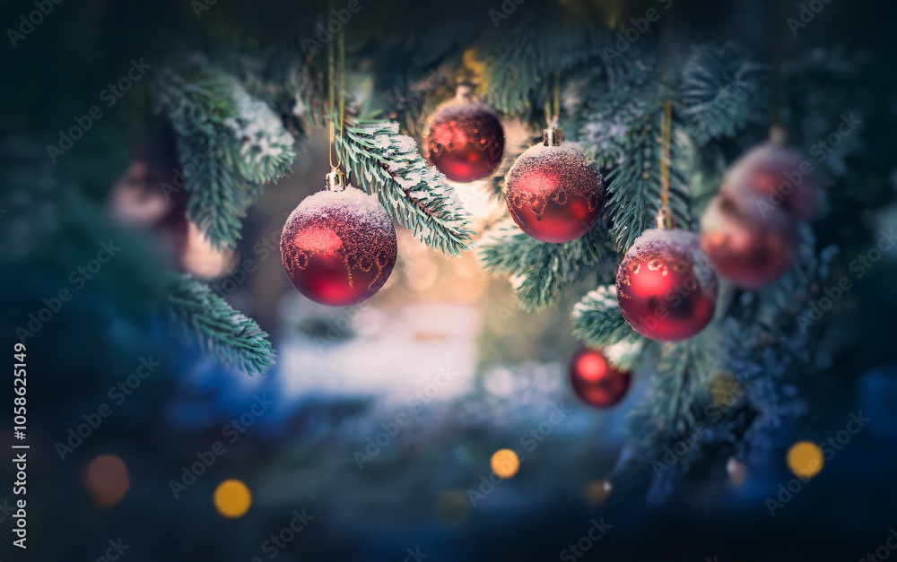 Poster red christmas ornaments hang from a snowy evergreen tree branch with a blurry background of twinklin