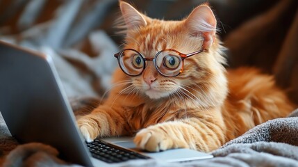 A ginger cat with round glasses sits on a laptop, staring intently at the screen of laptop on cozy bed