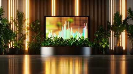 Modern Office with Large Screen Display and Plants