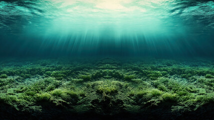 Fototapeta premium Underwater scene with sunlight filtering through water onto seaweed-covered ocean floor