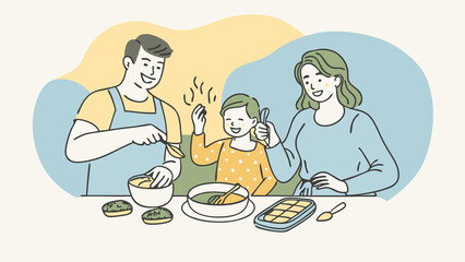 Consumer Cooking An illustration showing a happy family cooking and enjoying meals made from cultured meat highlighting the final stage where the product reaches consumers.