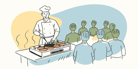 Cooking Demonstration A cooking demo area where a chef is preparing labgrown meat dishes on a grill with an audience gathered around to watch and learn.