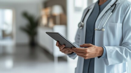 Male doctor holding a tablet in a white coat and holding a patient's medical record. Medical health in hospital