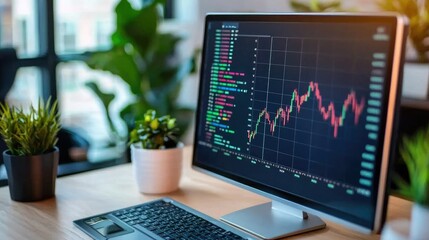 Modern Desk Setup with Benchmark Chart Display