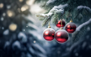 Red Christmas ornaments hang on a snow-covered evergreen tree branch.