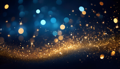 A dazzling background of gold glitter and blue bokeh lights creates a festive and celebratory atmosphere. Perfect for holiday themes, parties, and special events.