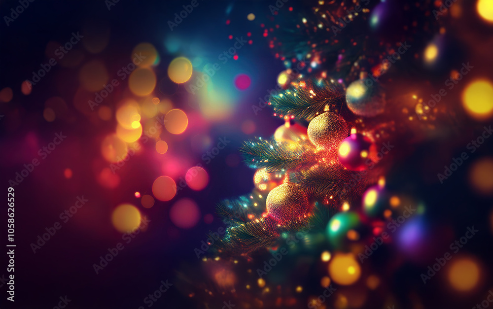 Poster a close-up of a decorated christmas tree with colorful ornaments and sparkling lights.