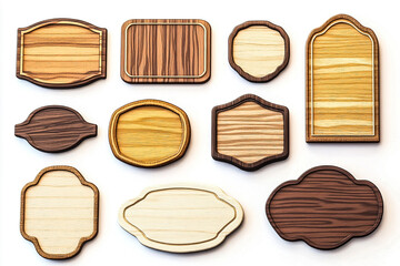 3D Cartoon Wooden Signs Set, Ideal for Minimalistic and Creative Design Projects, Isolated on White
