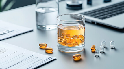 Glass of liquid with capsules on a desk near documents, a laptop, and scattered pills in a professional setting