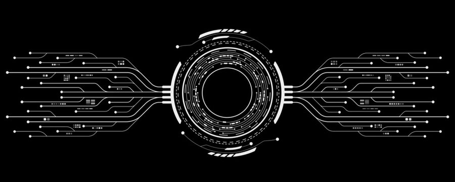 Digital hud circle with AI circuit board on black background. Futuristic elements for hi-tech user interface. Modern UI design. Vector illustration. EPS 10