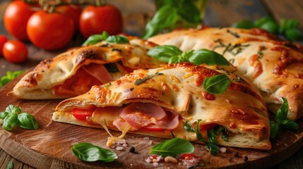 Traditional Italian Pizza Calzone filled with Ham, Cheese, Tomatoes, and Fresh Basil on Wooden Surface