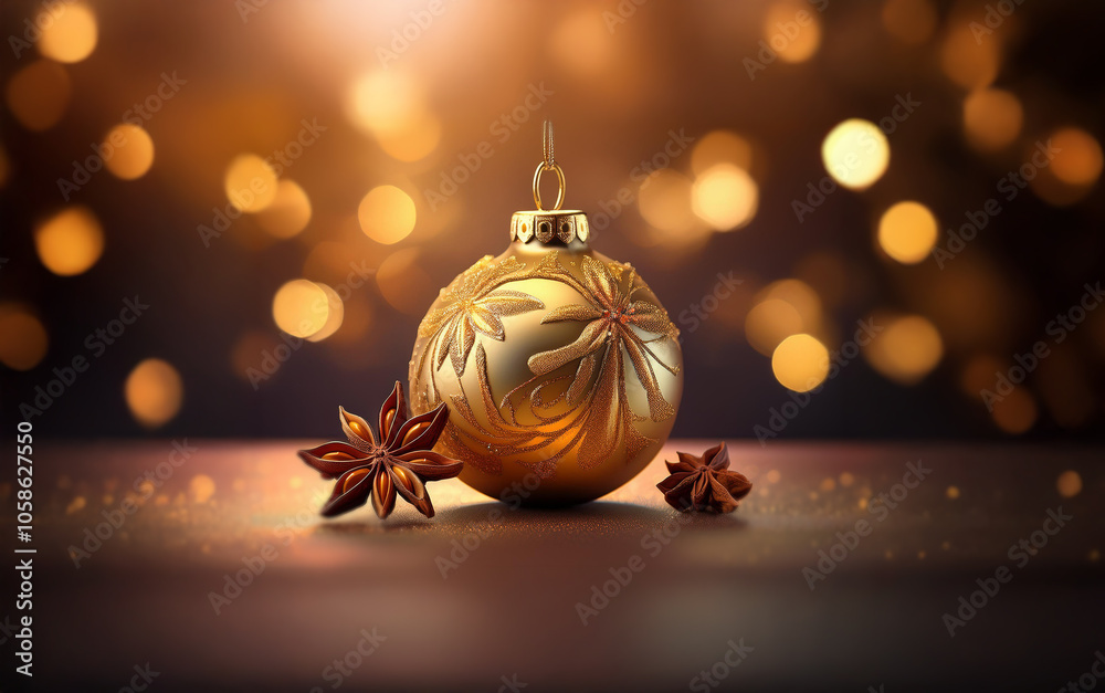 Poster a single gold christmas ornament sits on a table with two star anise pods next to it. the background