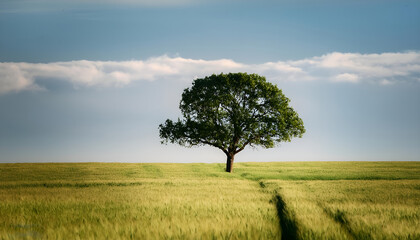 Obraz premium A lone tree stands majestically in an expansive wheat field against a clear blue sky. Symbolizing solitude, nature, and serenity, this landscape captures the beauty of open spaces