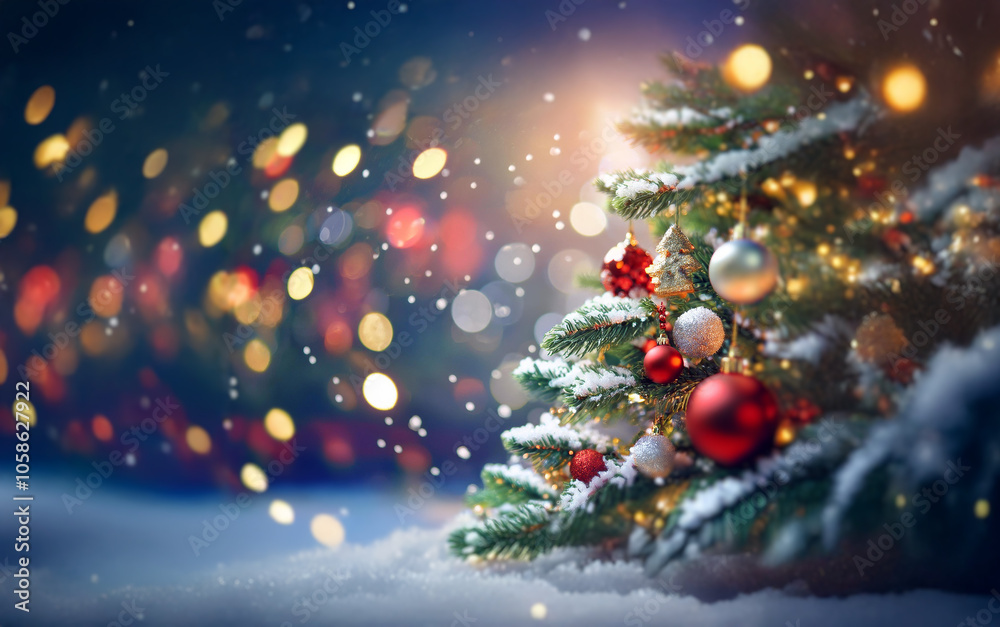 Aufkleber a decorated christmas tree stands in a snowy landscape with falling snow and a bokeh effect of light