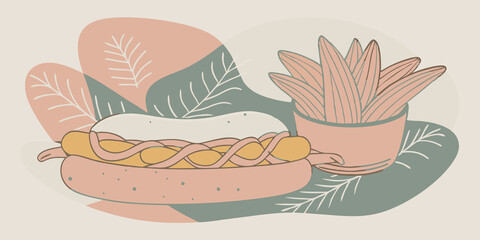 Hot Dog Variation An illustration of a hot dog made from a bun cradling a frankfurter that is marbled with both plant and labgrown meat topped with onions relish and mustard