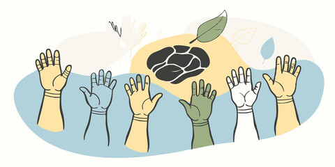 Fototapeta premium Innovation Hands A collage of hands of various colors reaching towards a common goal of a cultured meat product signifying joint efforts in scientific research and development