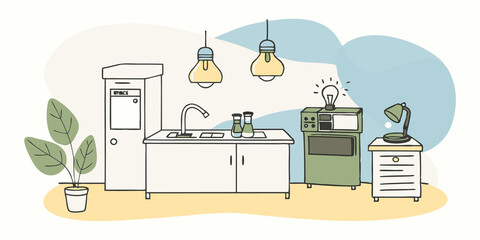 Laboratory Environment An illustration of a clean lab with energyefficient appliances focused lighting and ecofriendly materials promoting an energyconscious work environment.