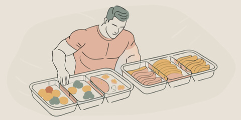 Meal Prep An athlete is packing meal prep containers with colorful vegetables and slices of labgrown meat ready for a week of healthy meals.