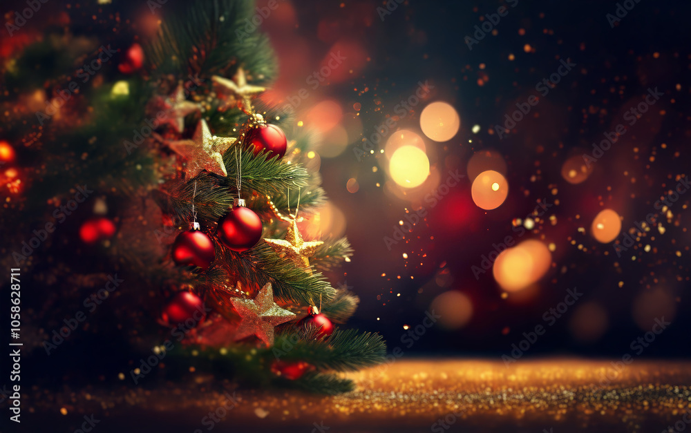 Poster a christmas tree adorned with red ornaments and gold stars stands against a dark background with spa