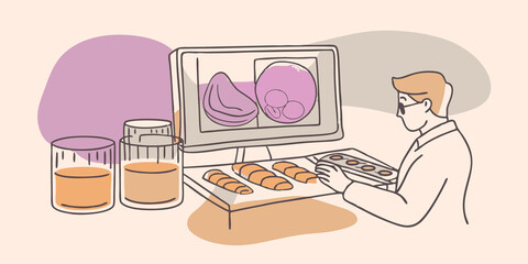 Nutritional Analysis A research assistant examining a nutritional breakdown report on a computer screen surrounded by samples of labgrown meat in containers.