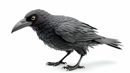 Fototapeta premium A 3D rendered image of a black raven bird isolated on a white background, showcasing detailed feathers, a sharp beak, and piercing yellow eyes.